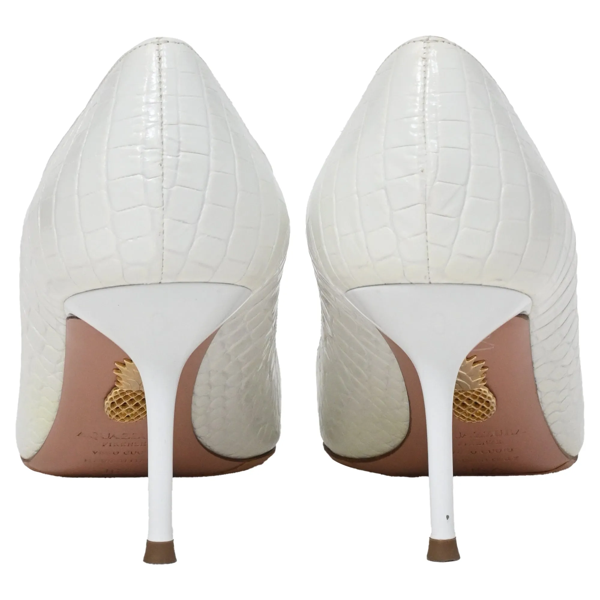 Aquazzura Crocodile-Embossed Pointed Pumps in White Leather