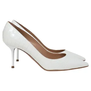 Aquazzura Crocodile-Embossed Pointed Pumps in White Leather