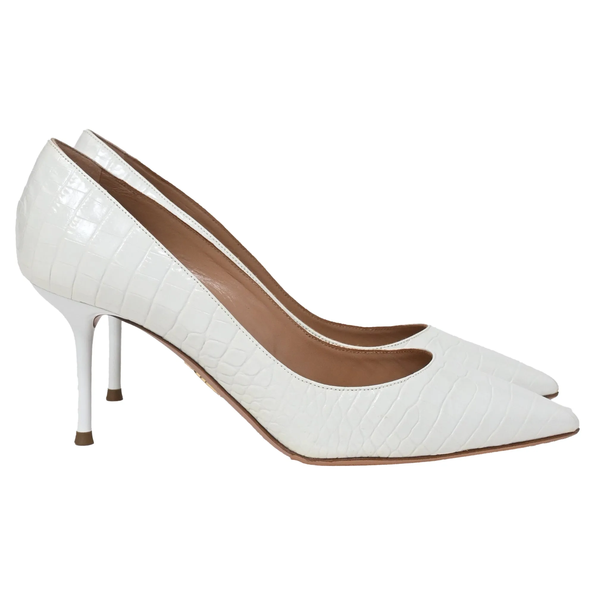 Aquazzura Crocodile-Embossed Pointed Pumps in White Leather