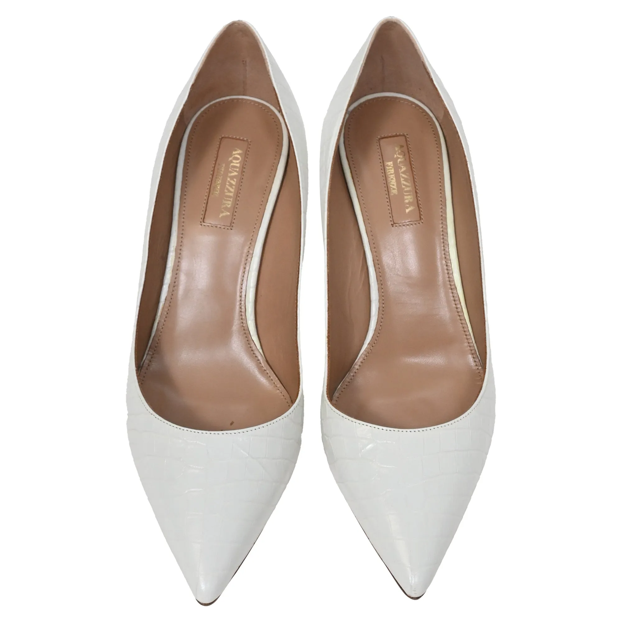 Aquazzura Crocodile-Embossed Pointed Pumps in White Leather