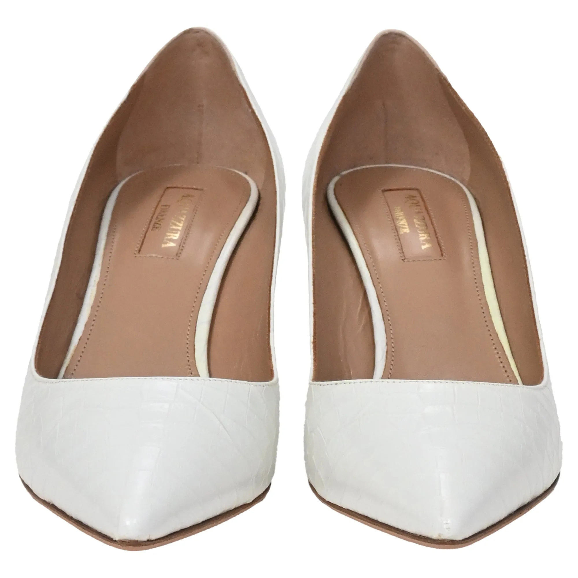Aquazzura Crocodile-Embossed Pointed Pumps in White Leather